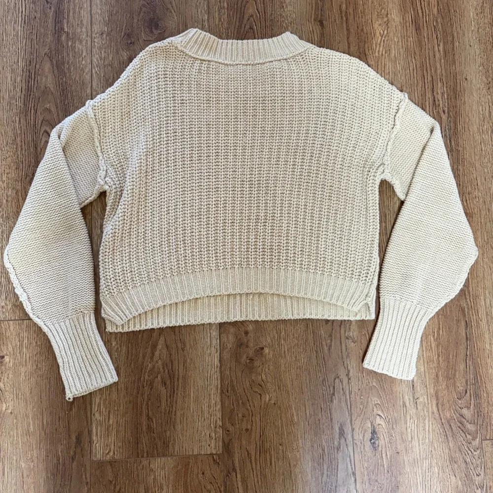 Free People Cream Knit Sweater Women's L Crewneck Slight Crop Cottage Minimalist